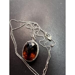 Sterling Cognac Quartz Pendant Necklace | 24” Adjustable Ball Chain